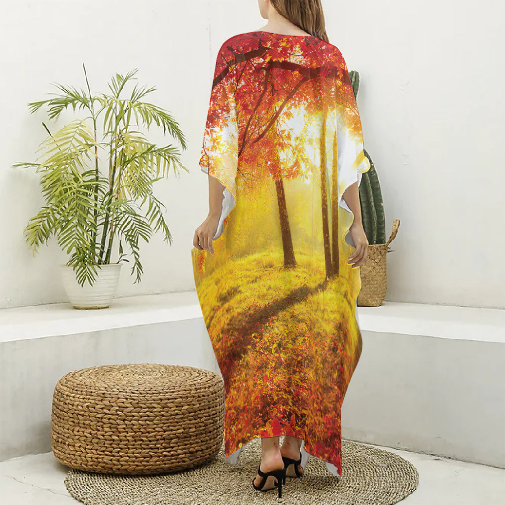 Autumn Trees Print Silk V-Neck Kaftan Dress