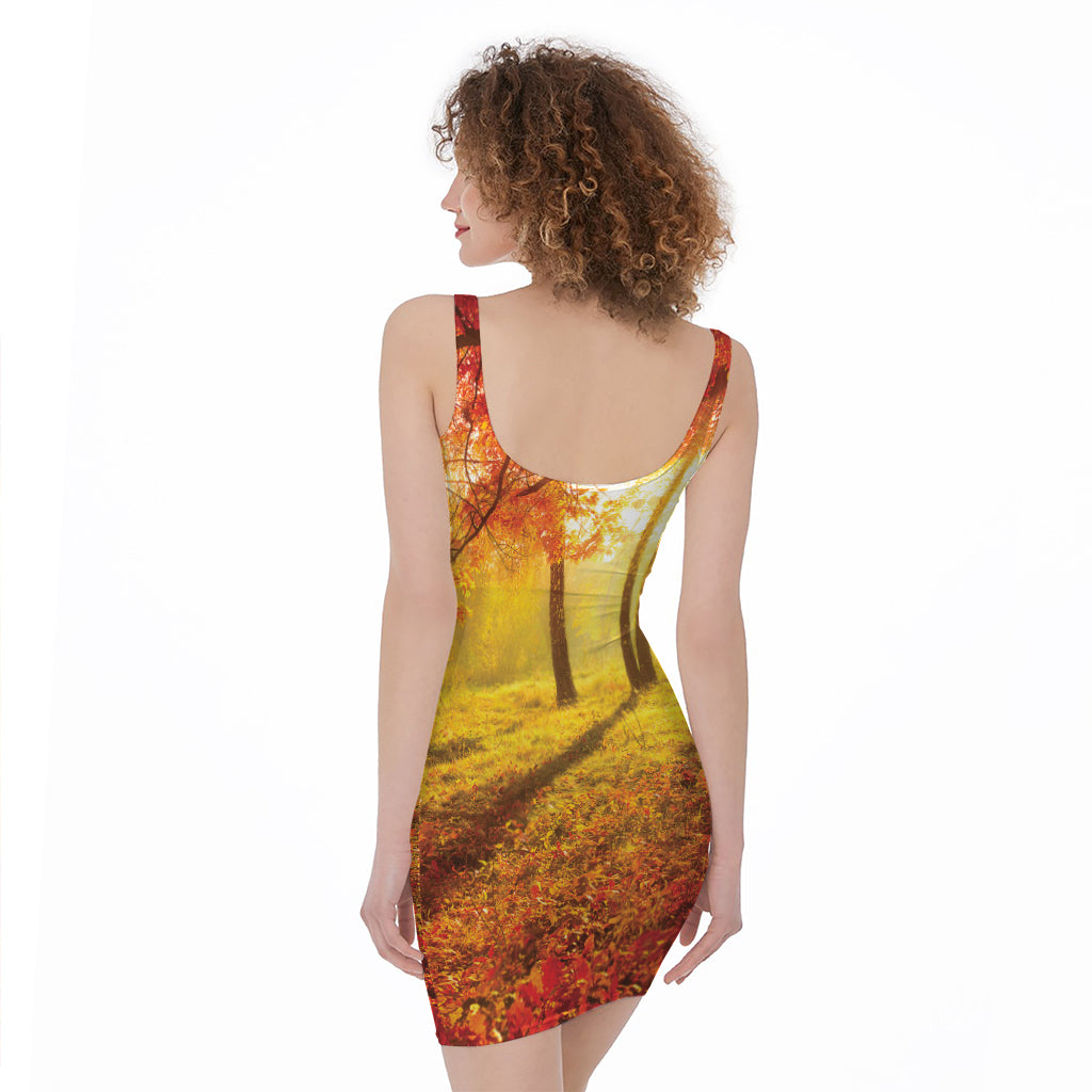 Autumn Trees Print Sleeveless Bodycon Dress