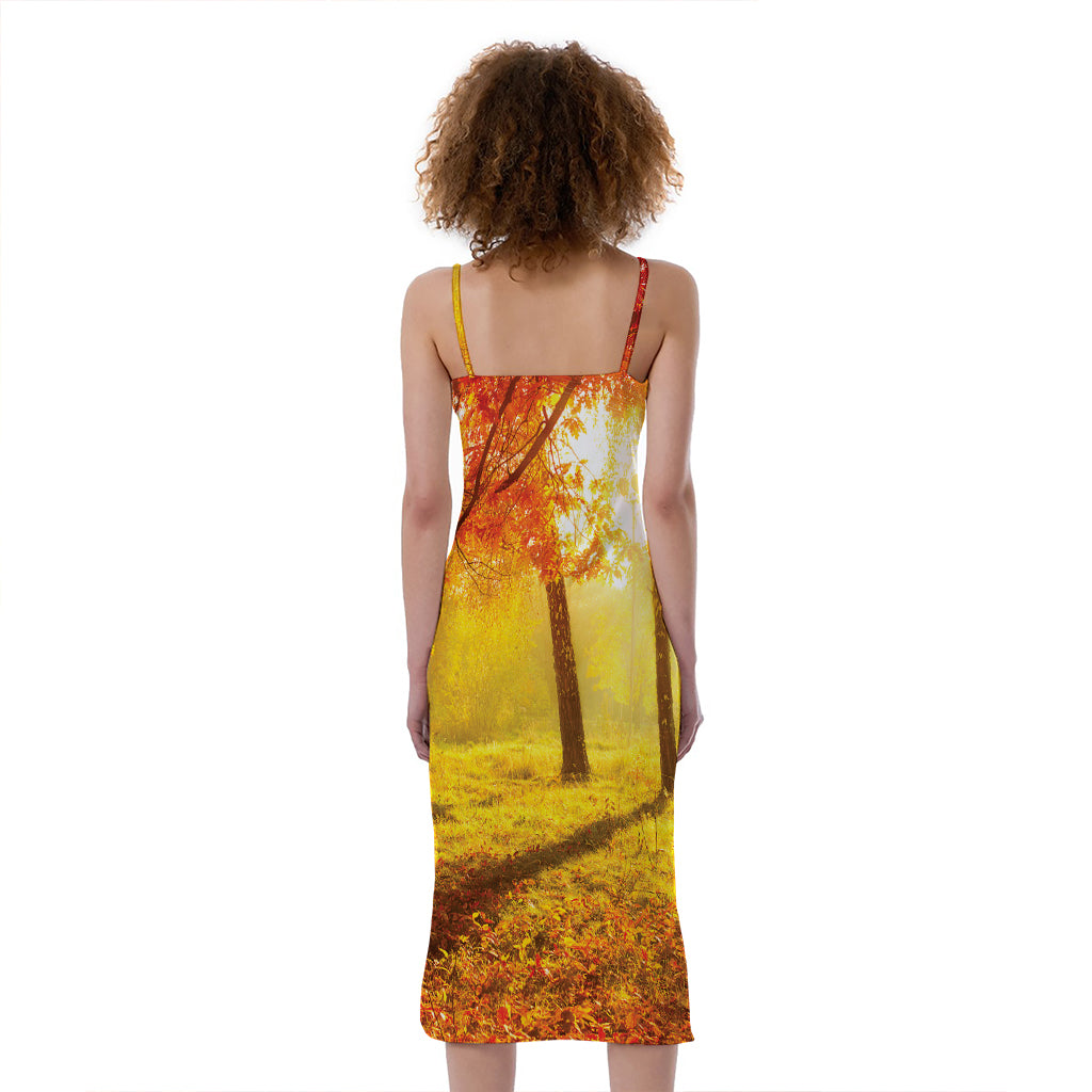 Autumn Trees Print Slim Fit Midi Cami Dress