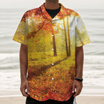 Autumn Trees Print Textured Short Sleeve Shirt