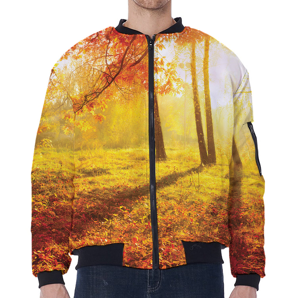 Autumn Trees Print Zip Sleeve Bomber Jacket