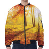 Autumn Trees Print Zip Sleeve Bomber Jacket