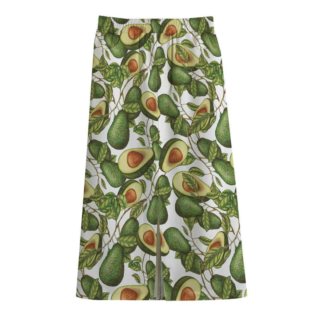 Avocado Cut In Half Drawing Print Cotton Front Slit Maxi Skirt