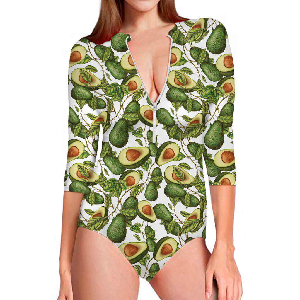 Avocado Cut In Half Drawing Print Long Sleeve Swimsuit