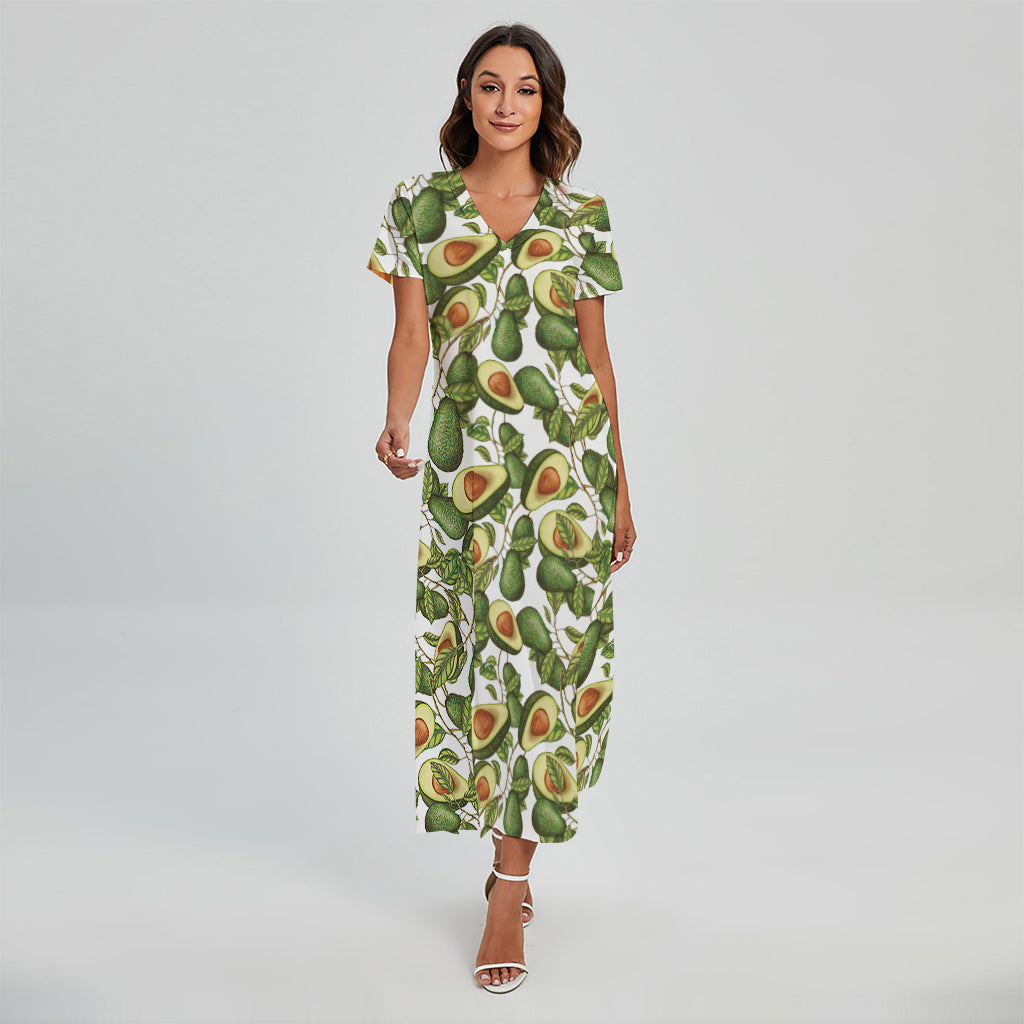 Avocado Cut In Half Drawing Print Short Sleeve Maxi Dress