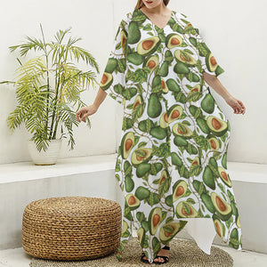 Avocado Cut In Half Drawing Print Silk V-Neck Kaftan Dress