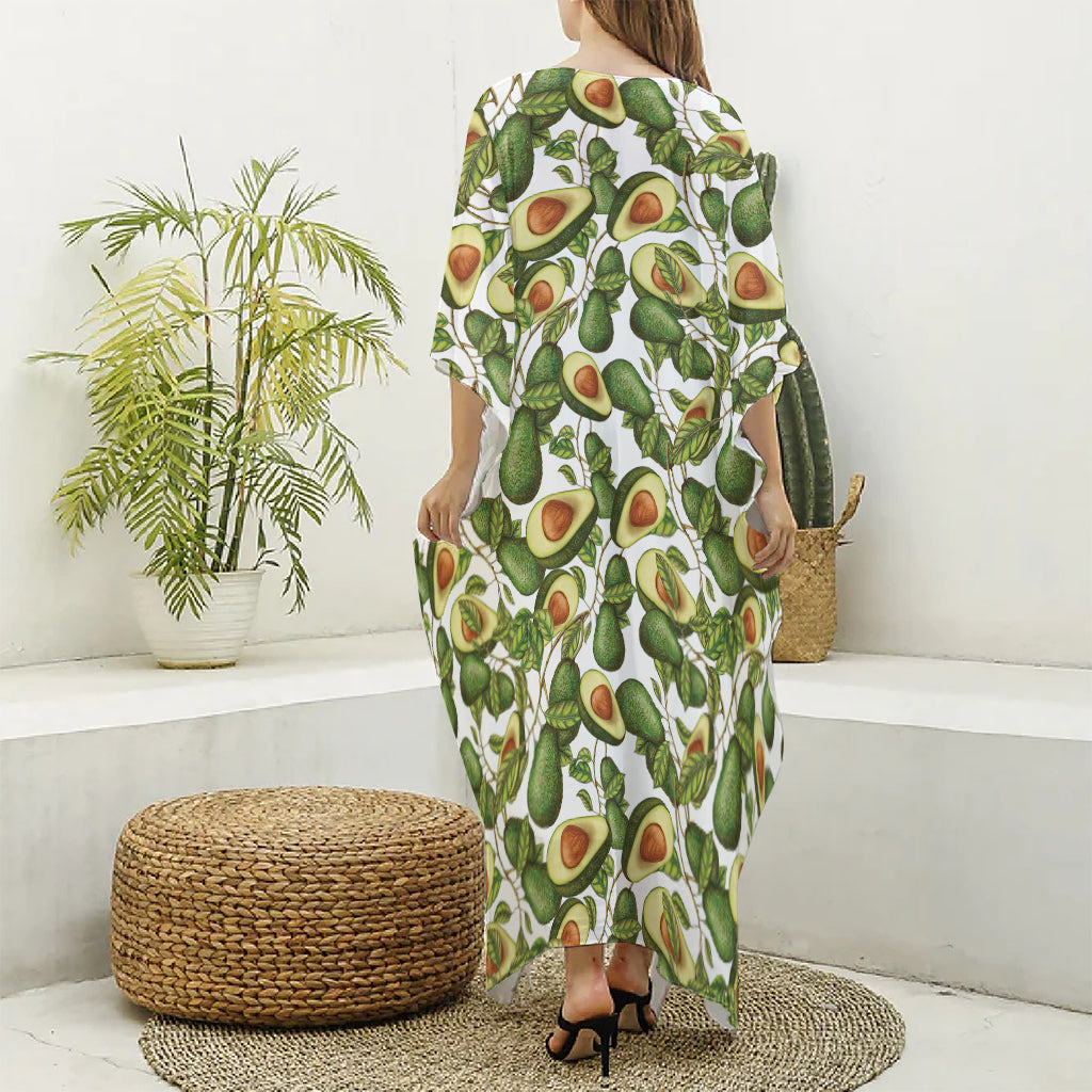 Avocado Cut In Half Drawing Print Silk V-Neck Kaftan Dress