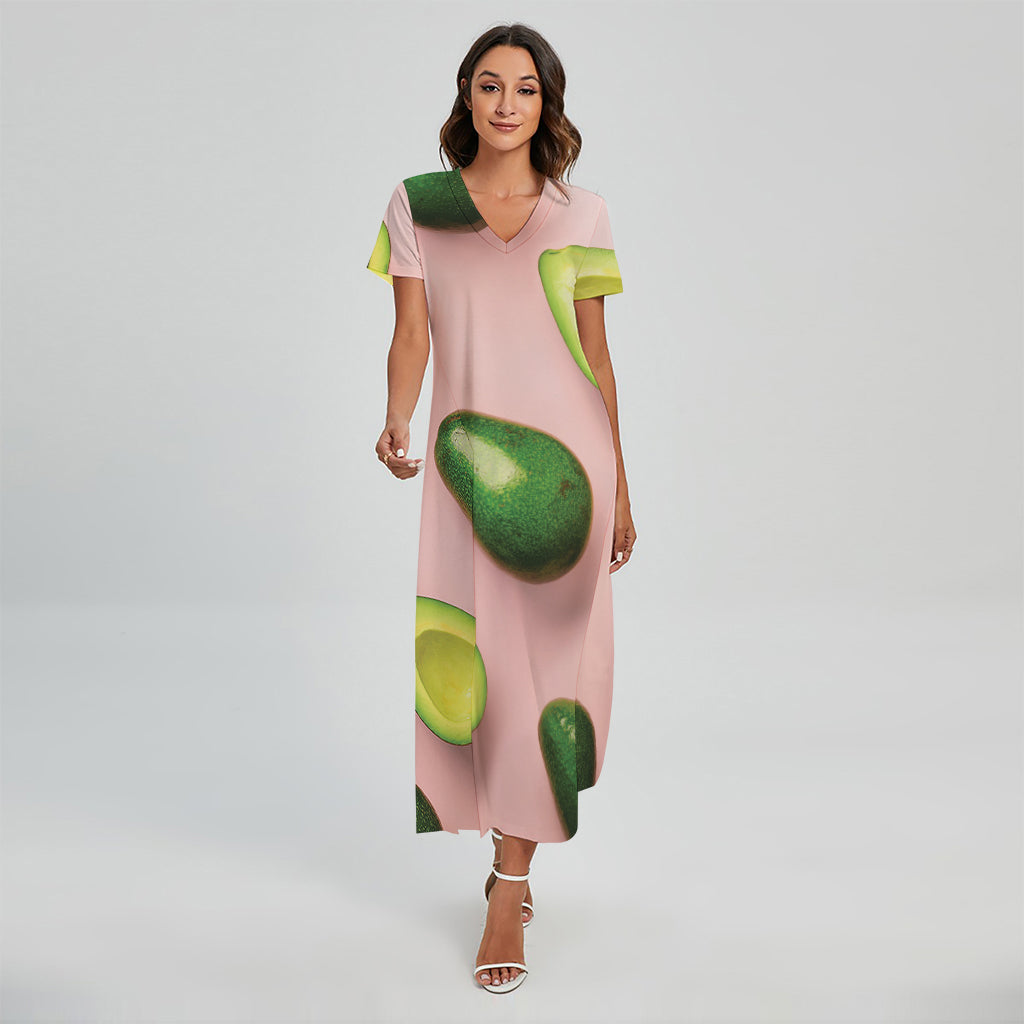 Avocado Cut In Half Pattern Print Short Sleeve Maxi Dress