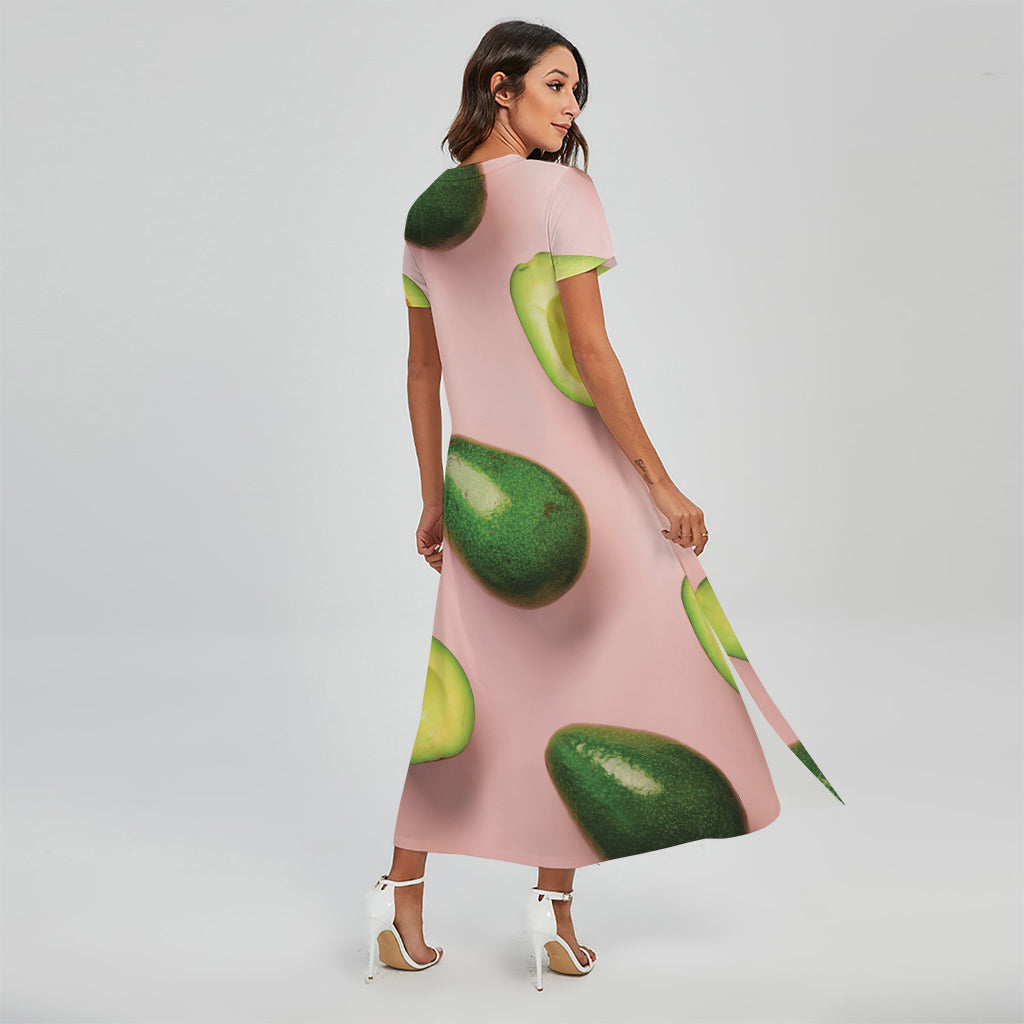 Avocado Cut In Half Pattern Print Short Sleeve Maxi Dress