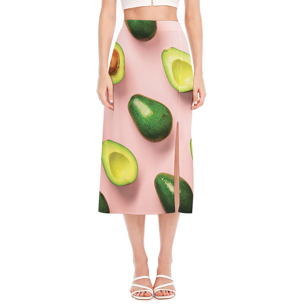 Avocado Cut In Half Pattern Print Side Slit Midi Skirt