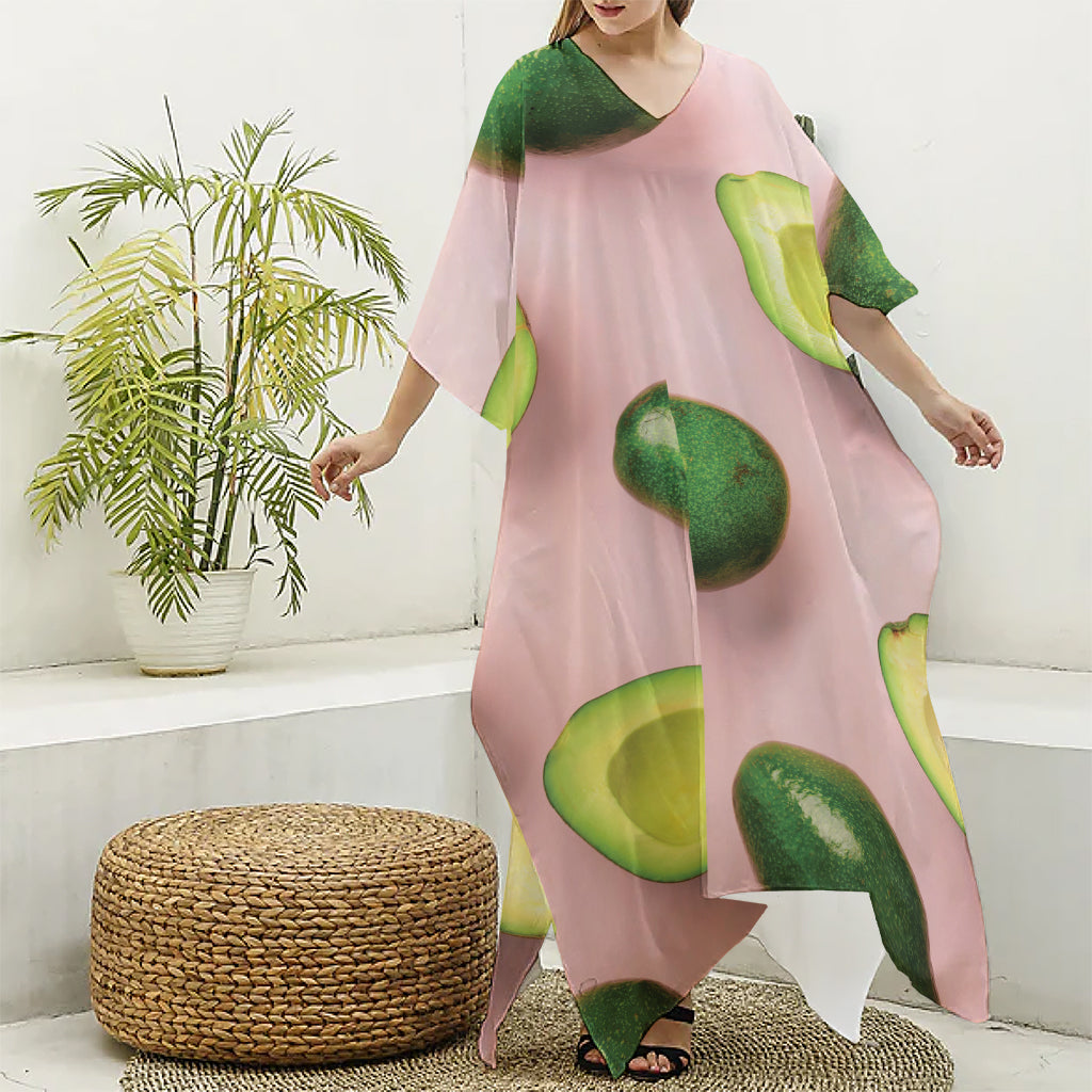 Avocado Cut In Half Pattern Print Silk V-Neck Kaftan Dress