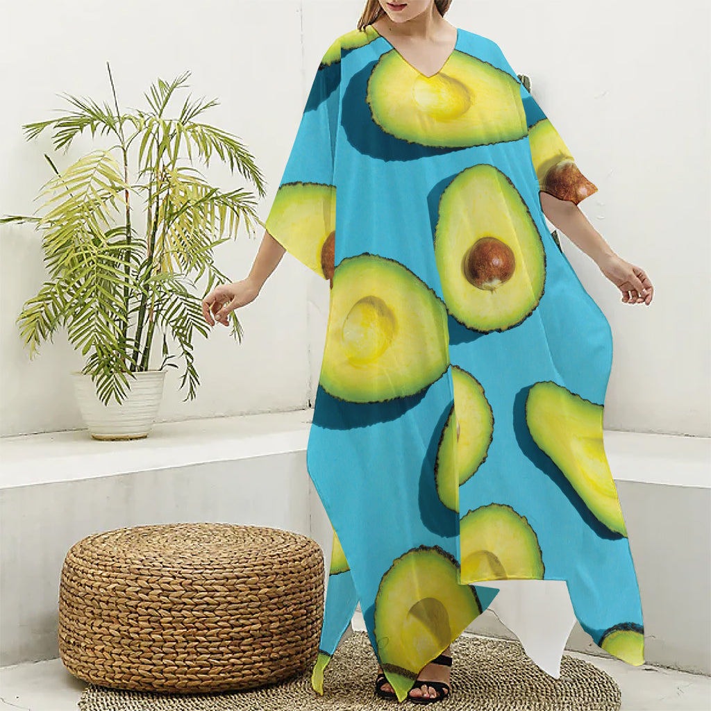 Avocado Cut In Half Print Silk V-Neck Kaftan Dress