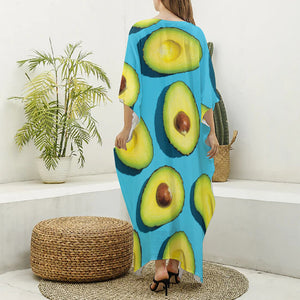 Avocado Cut In Half Print Silk V-Neck Kaftan Dress