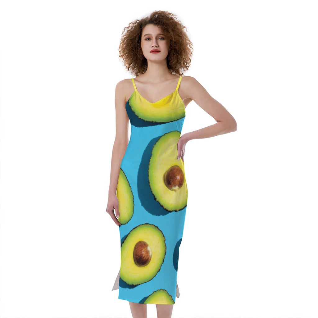 Avocado Cut In Half Print Slim Fit Midi Cami Dress