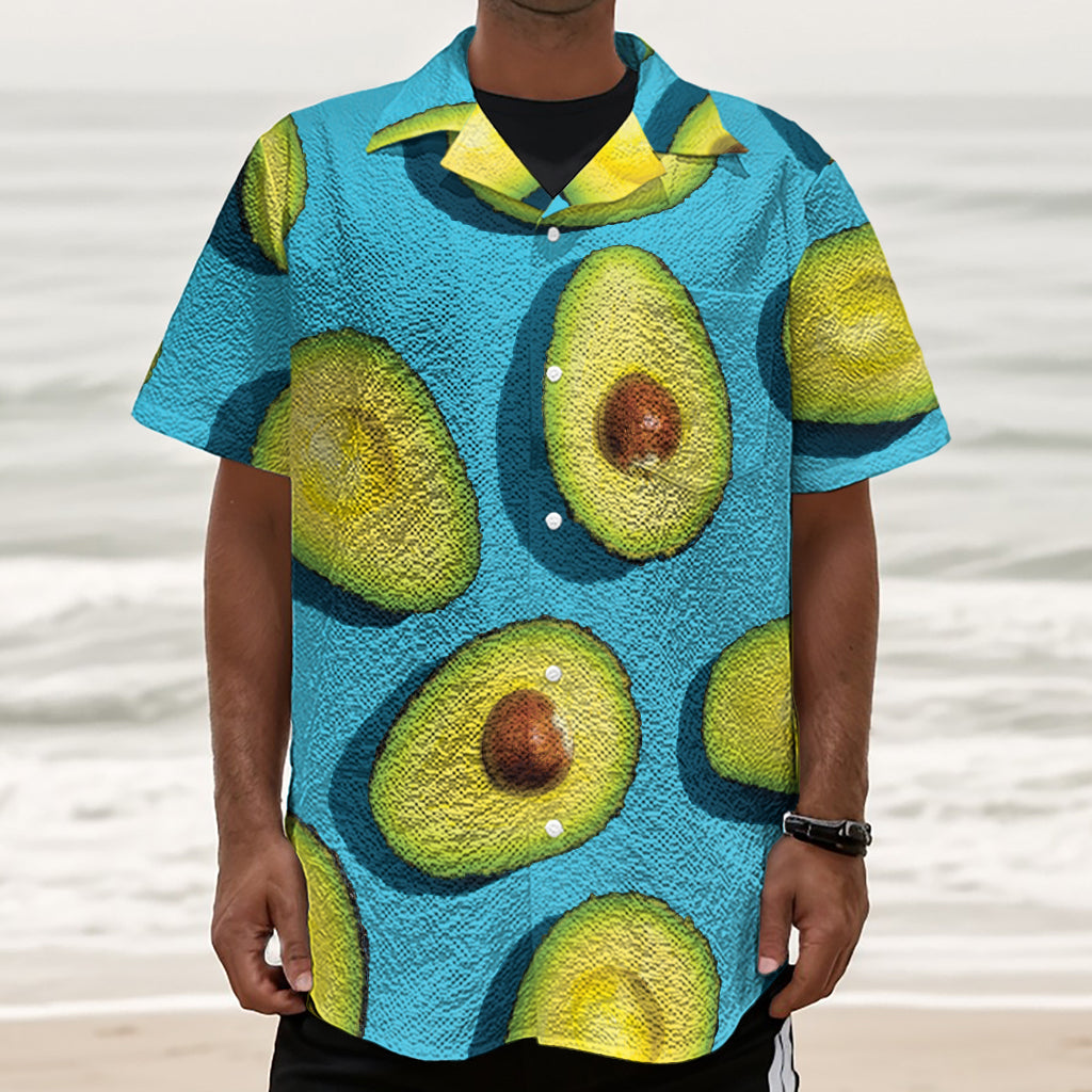 Avocado Cut In Half Print Textured Short Sleeve Shirt