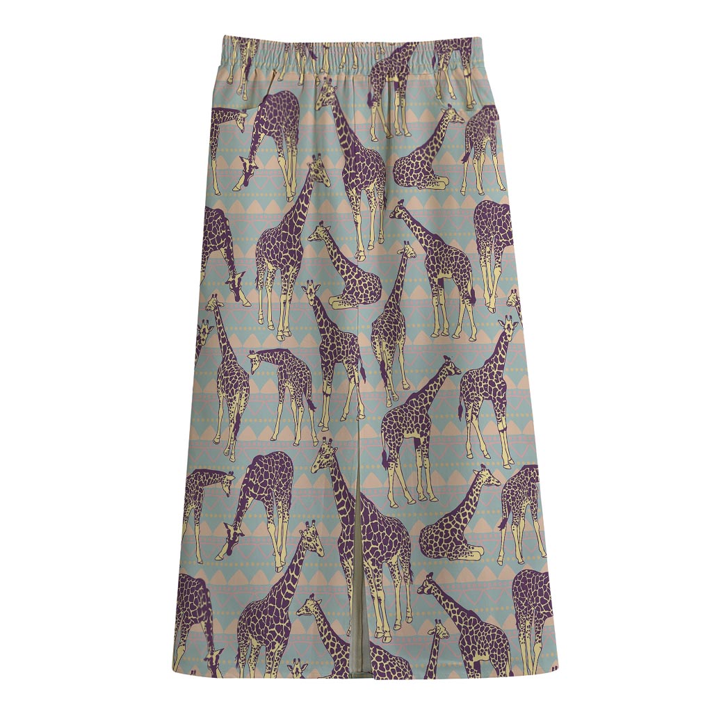 Aztec Giraffe Pattern Print Cotton Front Slit Maxi Skirt