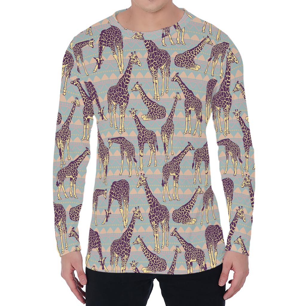 Aztec Giraffe Pattern Print Men's Long Sleeve T-Shirt