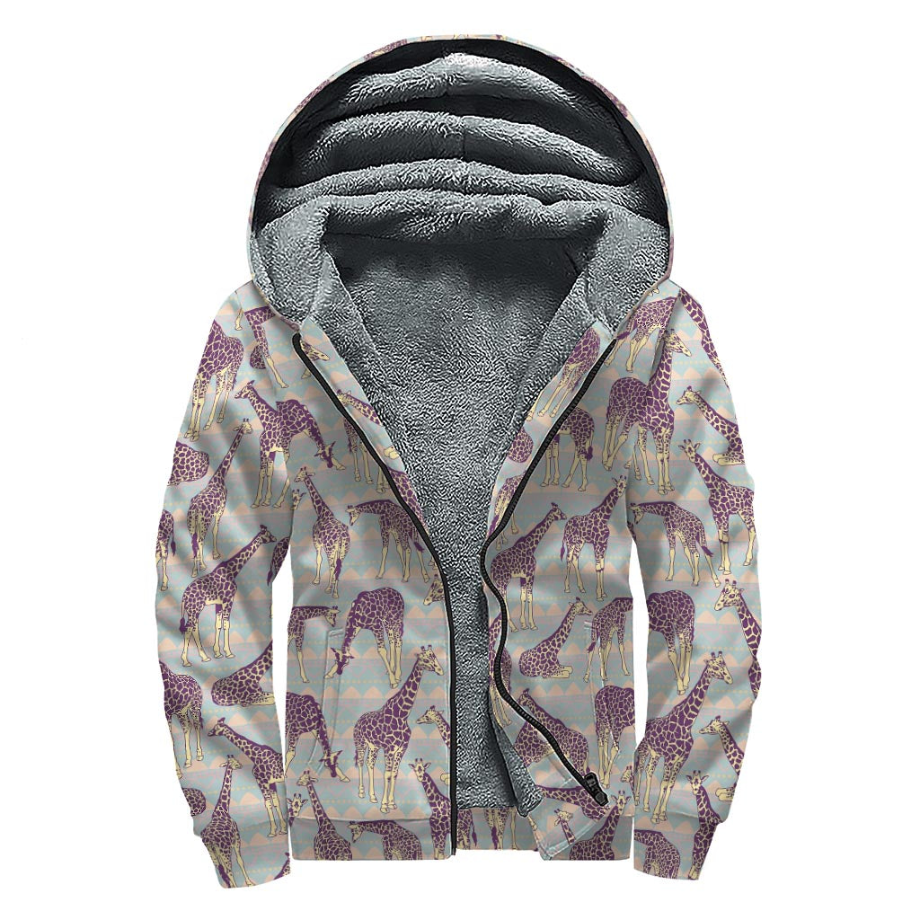 Aztec Giraffe Pattern Print Sherpa Lined Zip Up Hoodie