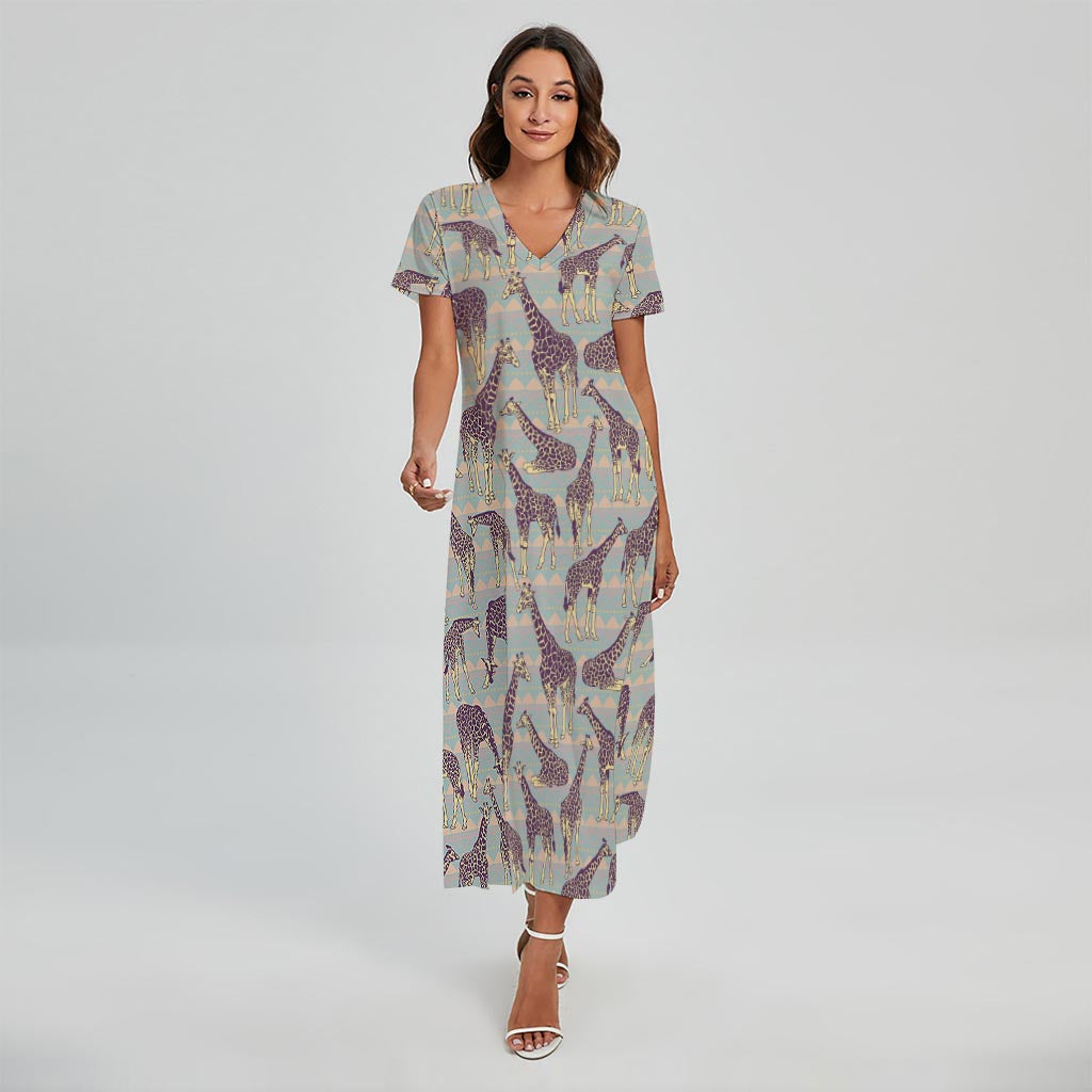 Aztec Giraffe Pattern Print Short Sleeve Maxi Dress