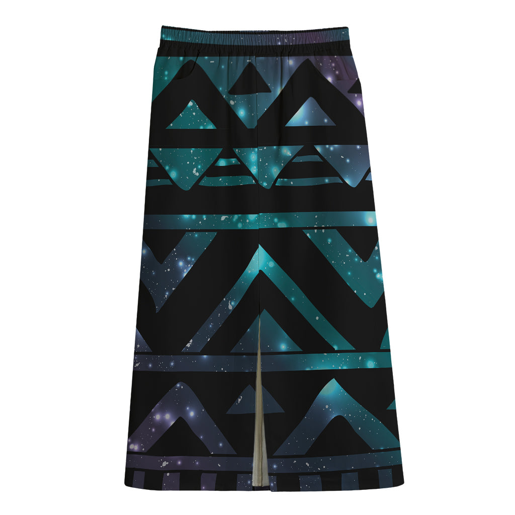 Aztec Tribal Galaxy Pattern Print Cotton Front Slit Maxi Skirt