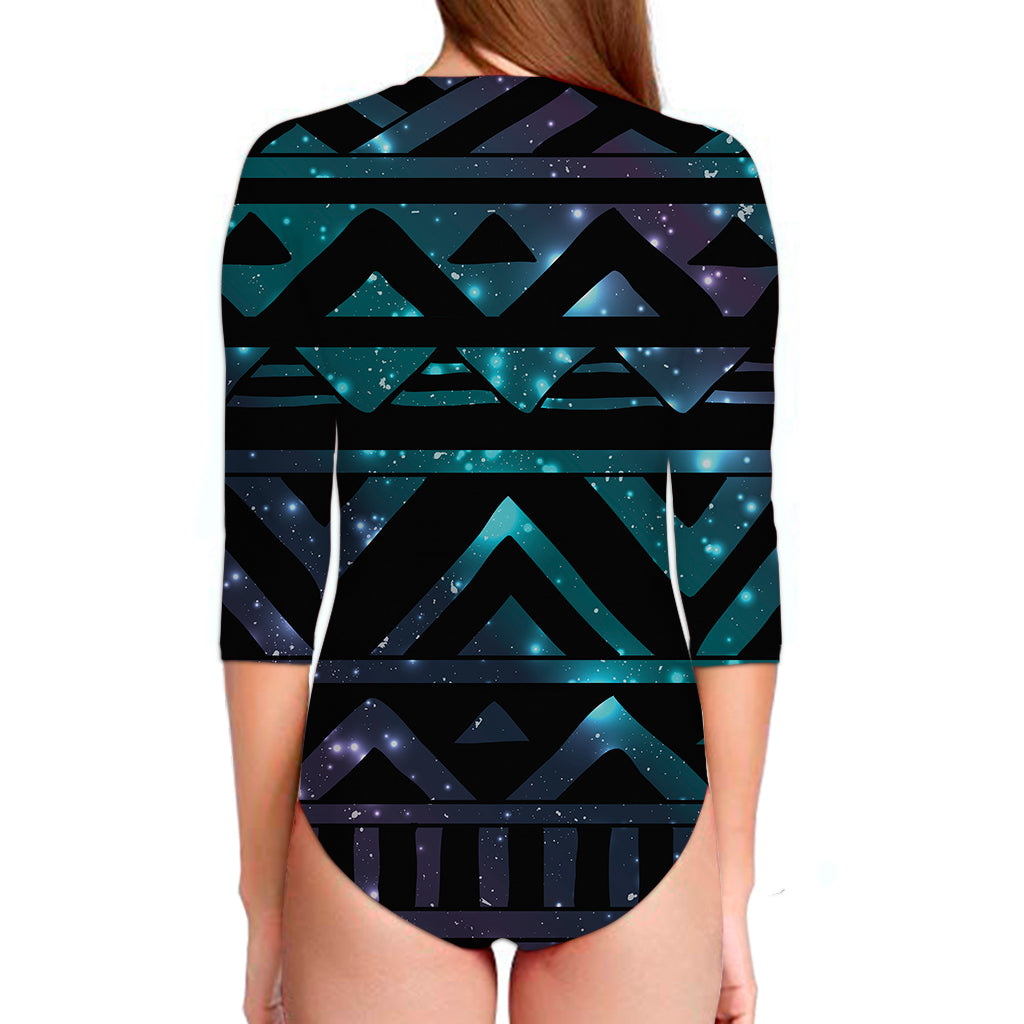 Aztec Tribal Galaxy Pattern Print Long Sleeve Swimsuit
