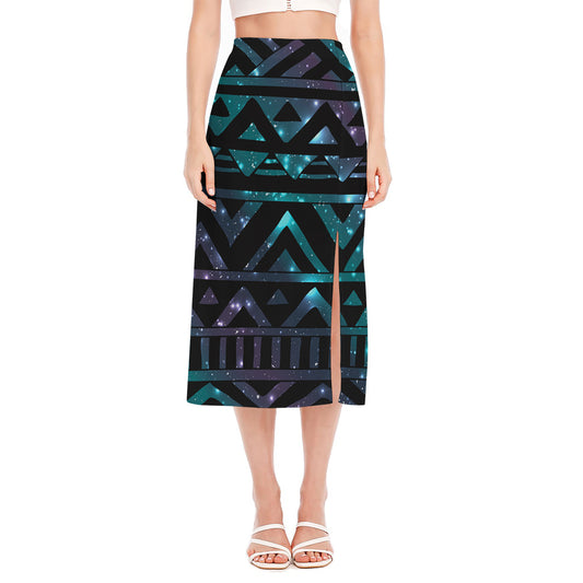 Aztec Tribal Galaxy Pattern Print Side Slit Midi Skirt