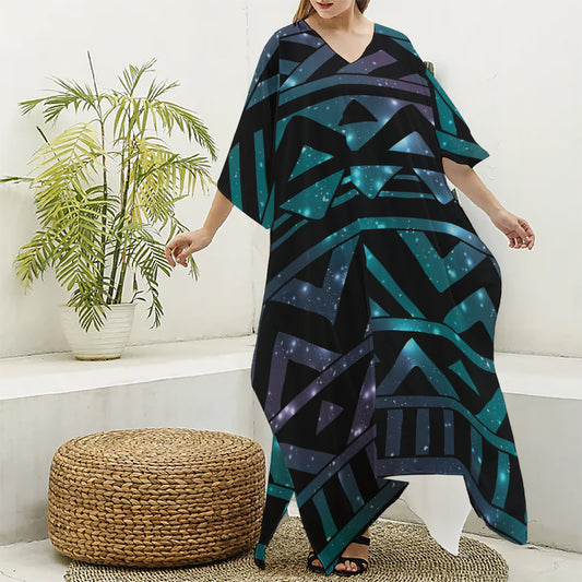 Aztec Tribal Galaxy Pattern Print Silk V-Neck Kaftan Dress