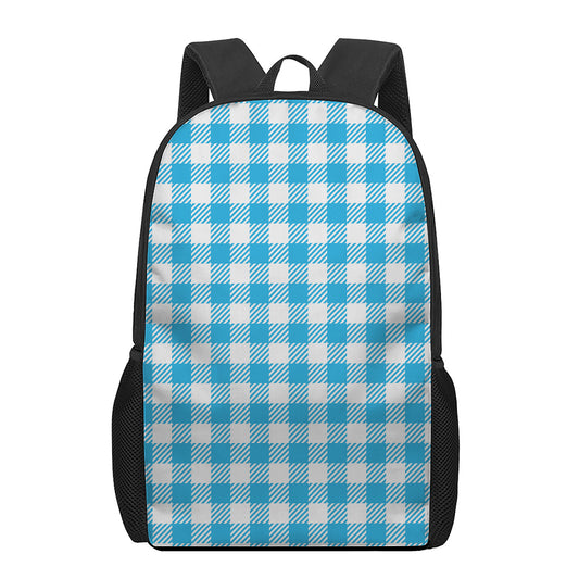 Azure Blue And White Gingham Print 17 Inch Backpack