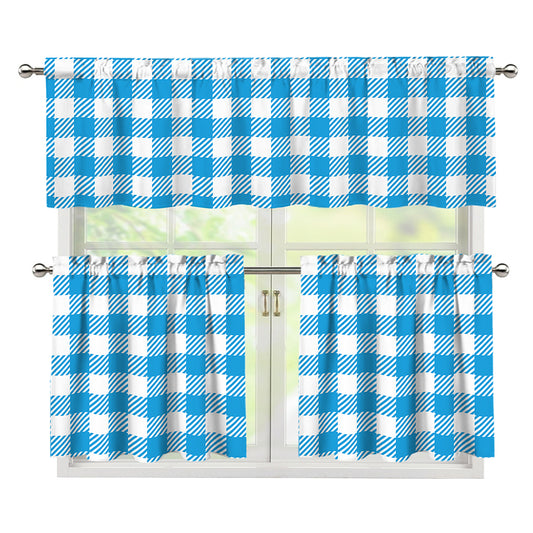 Azure Blue And White Gingham Print 3 Piece Kitchen Curtains