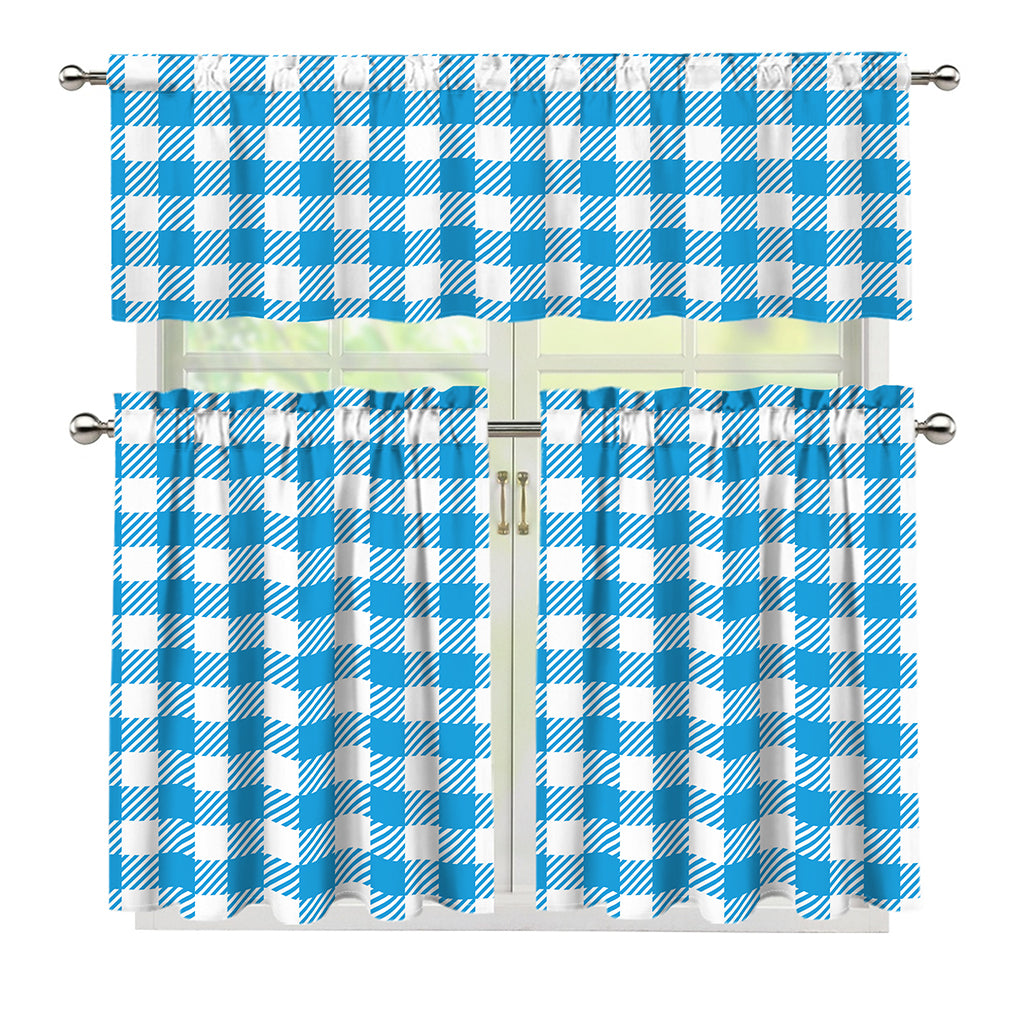 Azure Blue And White Gingham Print 3 Piece Kitchen Curtains