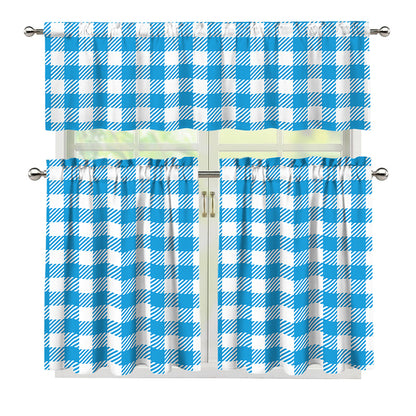Azure Blue And White Gingham Print 3 Piece Kitchen Curtains