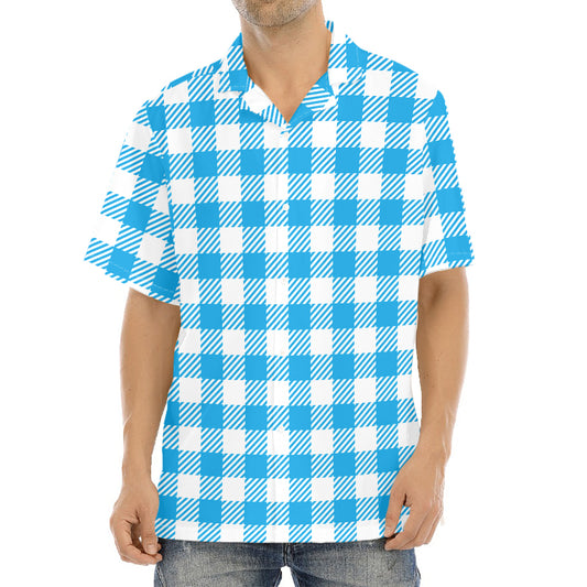 Azure Blue And White Gingham Print Aloha Shirt