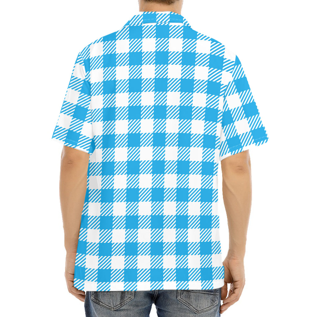 Azure Blue And White Gingham Print Aloha Shirt