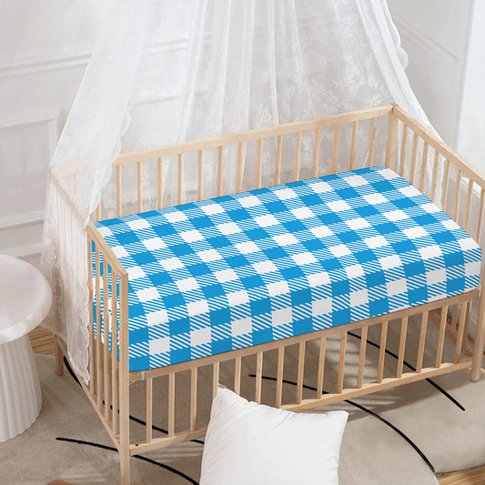 Azure Blue And White Gingham Print Baby Crib Sheet