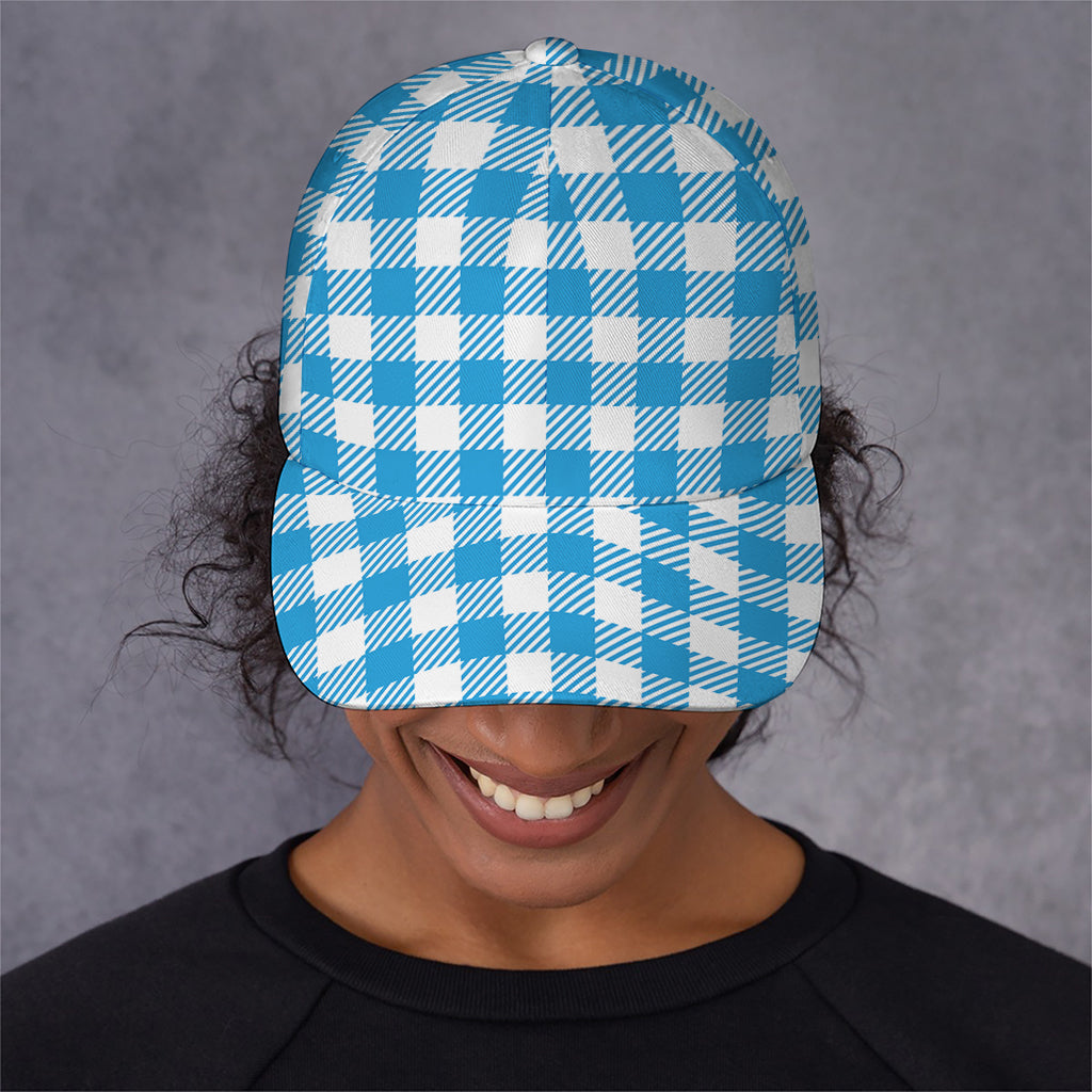 Azure Blue And White Gingham Print Baseball Cap