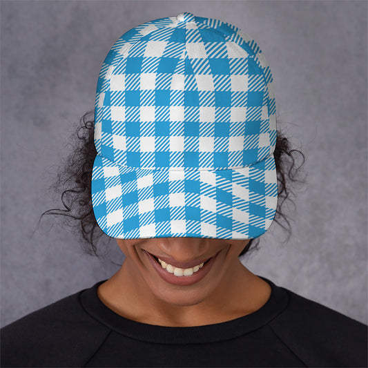 Azure Blue And White Gingham Print Baseball Cap