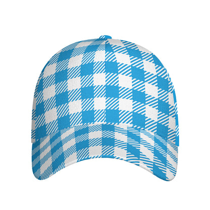Azure Blue And White Gingham Print Baseball Cap