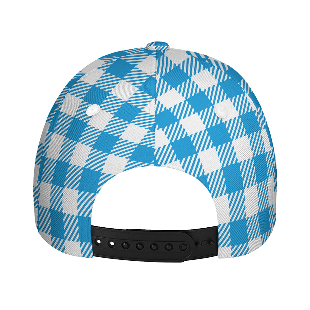 Azure Blue And White Gingham Print Baseball Cap