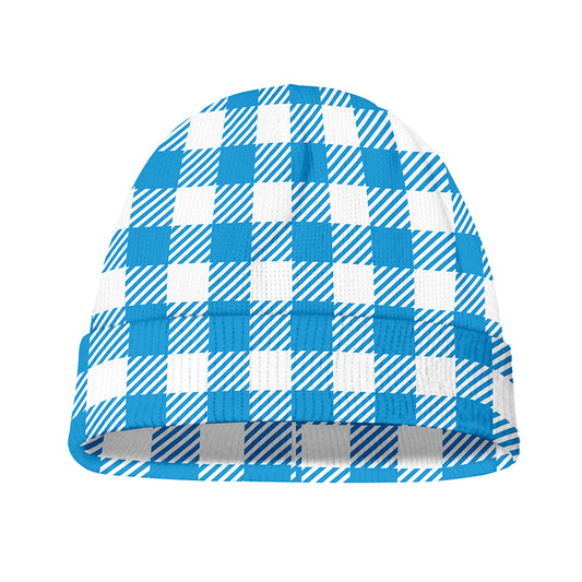 Azure Blue And White Gingham Print Beanie
