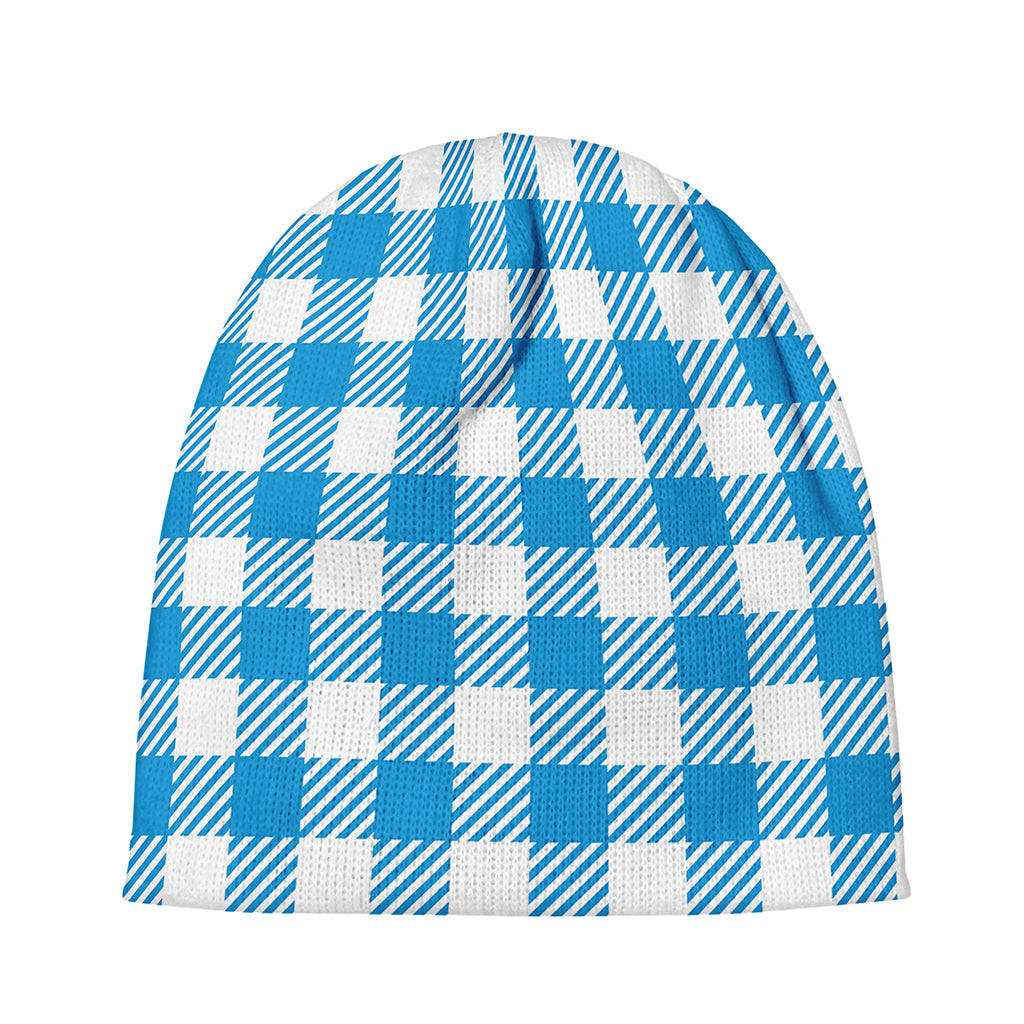 Azure Blue And White Gingham Print Beanie