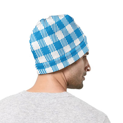 Azure Blue And White Gingham Print Beanie