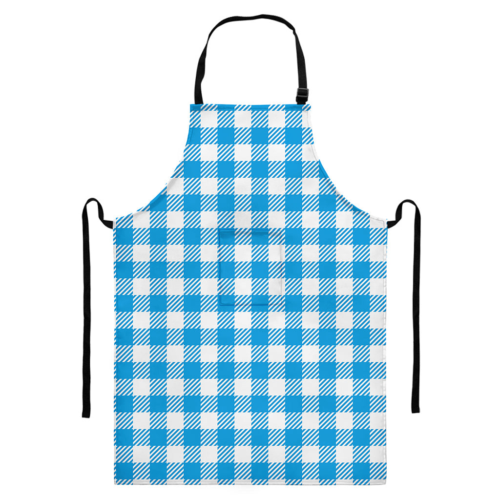 Azure Blue And White Gingham Print Bib Apron With Pocket