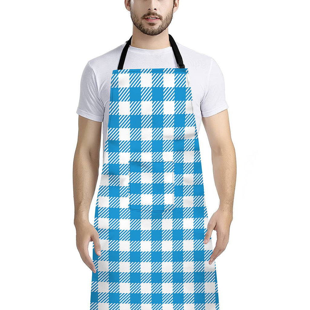 Azure Blue And White Gingham Print Bib Apron With Pocket