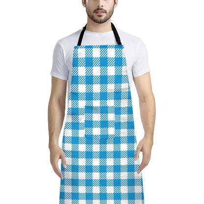Azure Blue And White Gingham Print Bib Apron With Pocket