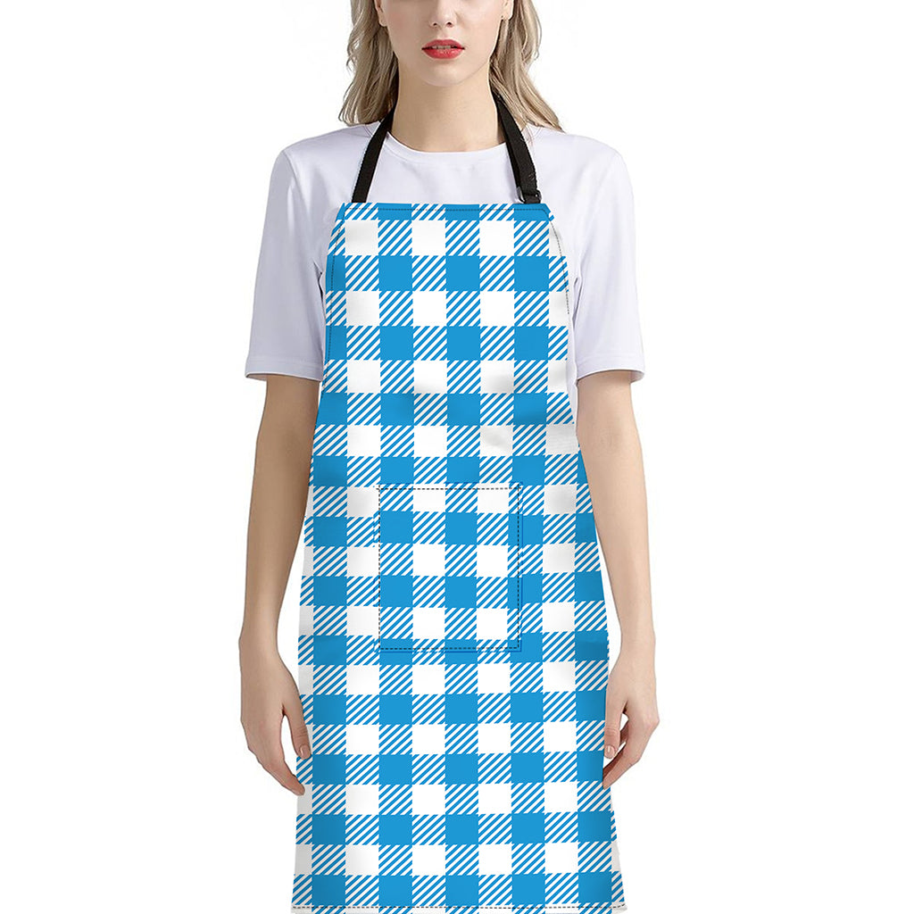 Azure Blue And White Gingham Print Bib Apron With Pocket