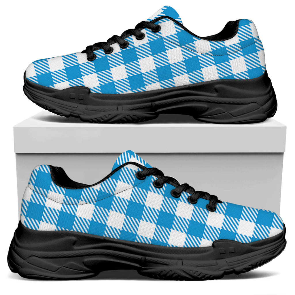 Azure Blue And White Gingham Print Black Chunky Shoes
