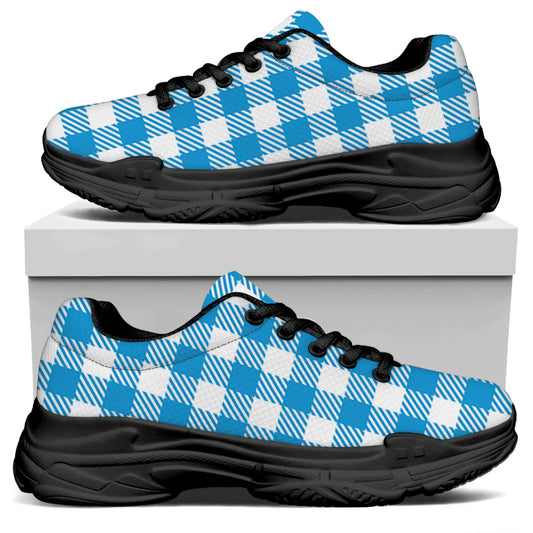 Azure Blue And White Gingham Print Black Chunky Shoes