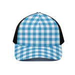 Azure Blue And White Gingham Print Black Mesh Trucker Cap