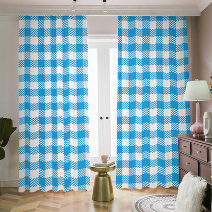 Azure Blue And White Gingham Print Blackout Pencil Pleat Curtains