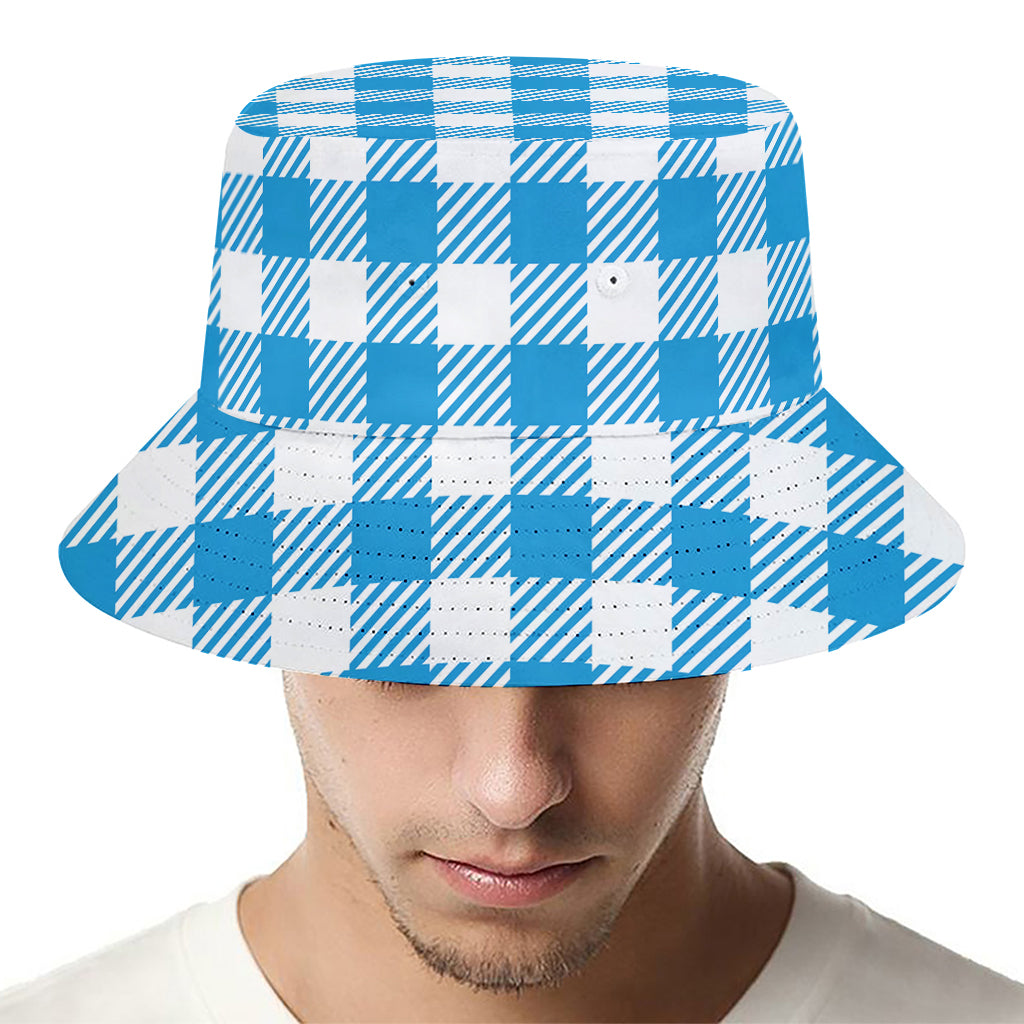 Azure Blue And White Gingham Print Bucket Hat